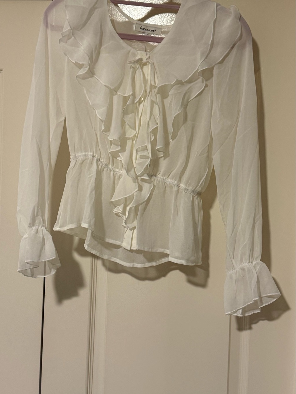 Francesca's Collections Cream Ruffled Tie-Front Blouse